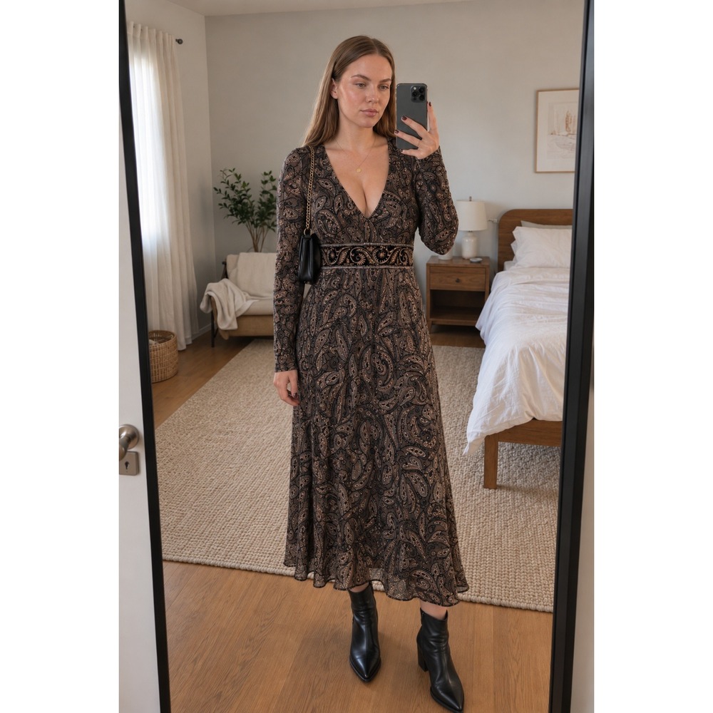 Karen Kane Silk Blend Beaded Maxi Dress L Brown Paisley Boho Chic Whimsigoth